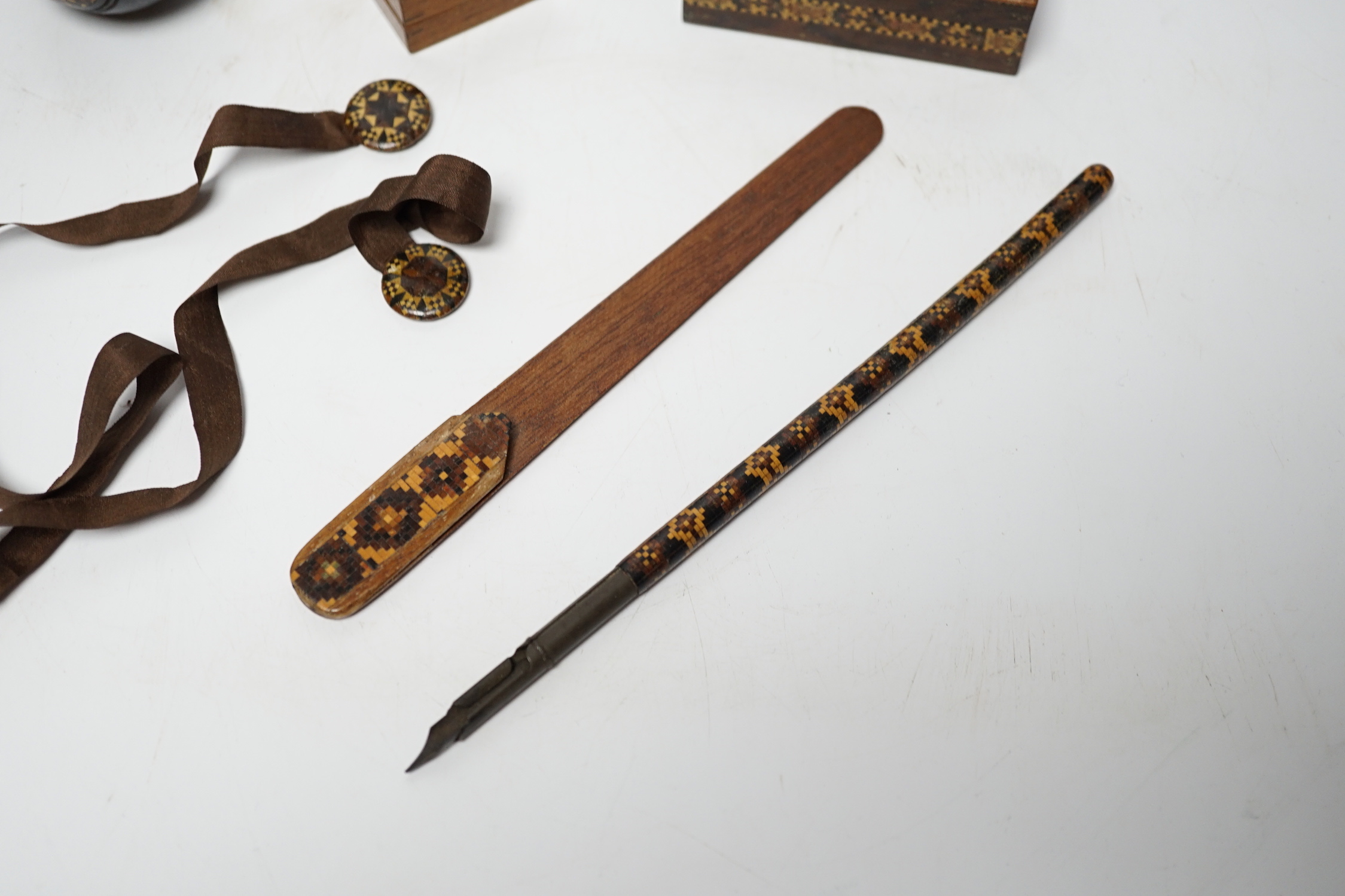 Tunbridgeware - six items including a stickware sovereign case, Victoria profile stamp box, two bookmarks, nib pen, and a small box and cover